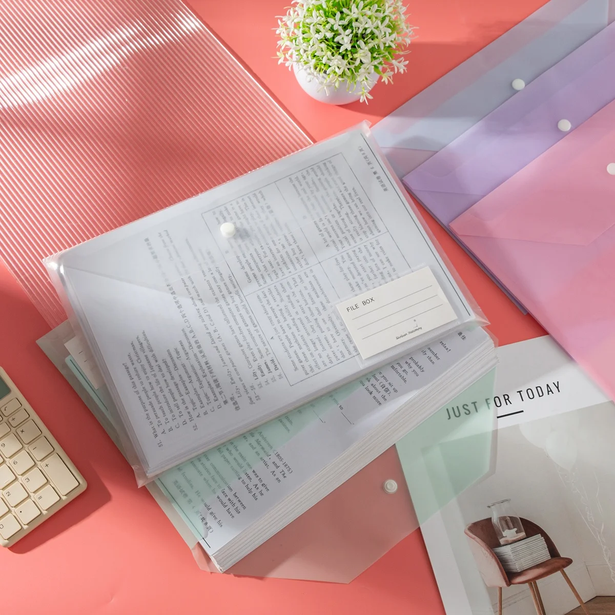 20-Pack File Bag with Label Transparent A4 Folder Snap Bag Plastic Data File Bag Storage Office Supplies Button Bag Briefcase Multi-Color