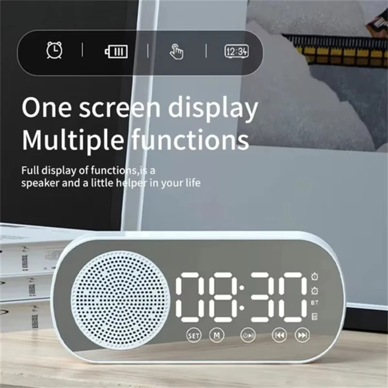 Desk Speaker Clock Bluetooth Speaker FM Radio Alarm Clock HiFi Sound  Mirror  Support TF Card  Bedroom Clock