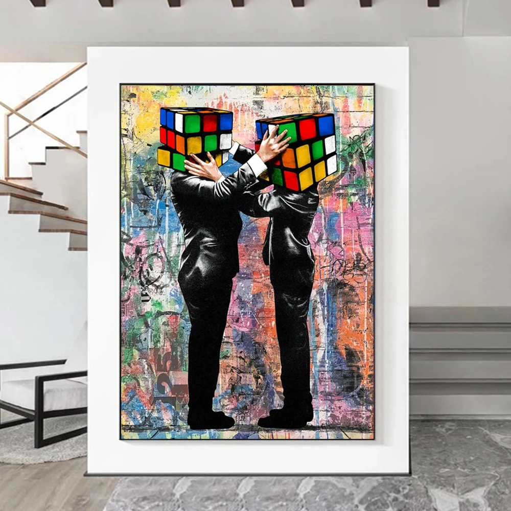 

Graffiti Magic Cube Couple Poster Prints For Living Room Decor Abstract Street Pop Art Puzzled Figure Canvas Painting Wall