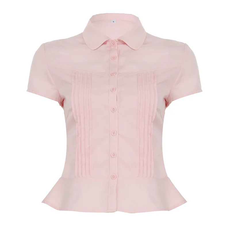 Temperament Pleated Short-sleeved Shirt Slim-fitting Short Single-breasted Women's Top