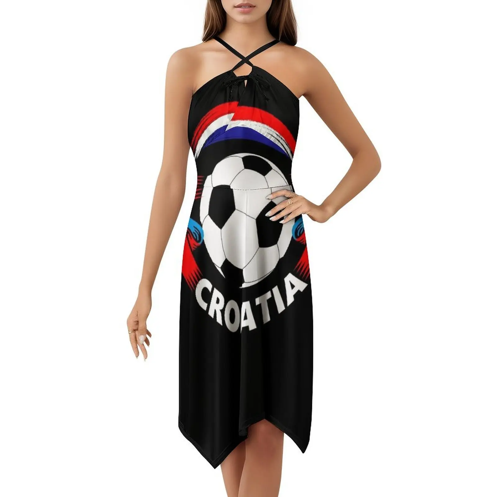 Gaun Kasual Gaya Korea dengan Bendera Penggemar Sepak Bola Kroasia untuk Wanita, Gaun Kantor Sederhana untuk Sehari-hari, Gaun Wanita yang Menunjukkan Kebanggaan Kroasia