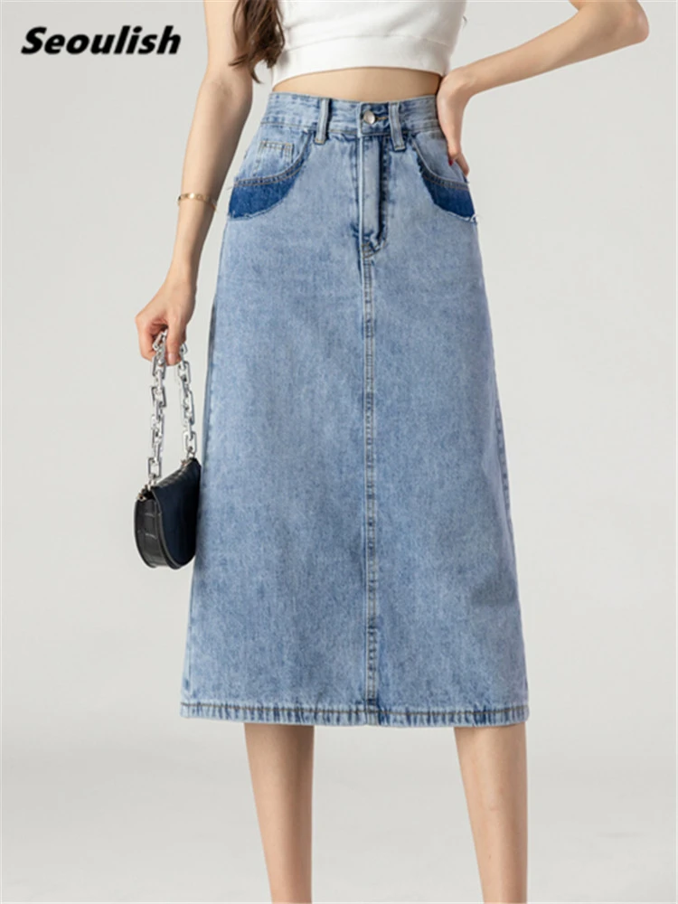 

Seoulish Spring Summer 2022 New Straight Women's Denim Midi Skirts Back Split High Wasit Jeans Skirt Female Pencil Wrap Skirts