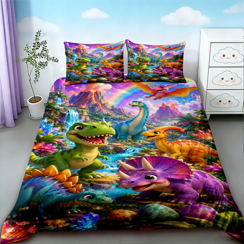 Duvet Cover Cute Dinosaur King Queen Kawaii Cartoon Wild Dino Bedding Set for Kids Boys Girls Jungle Animals Comforter Cover view 5