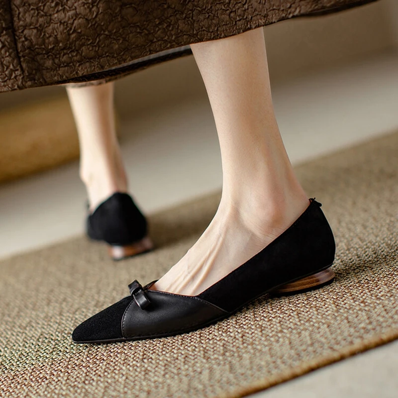 NEW Spring/Autumn Women Pumps Sheep Suede Leather Shoes for Women Pointed Toe Low Heel Shoes Elegant Bow-knot Shoes zaptos mujer