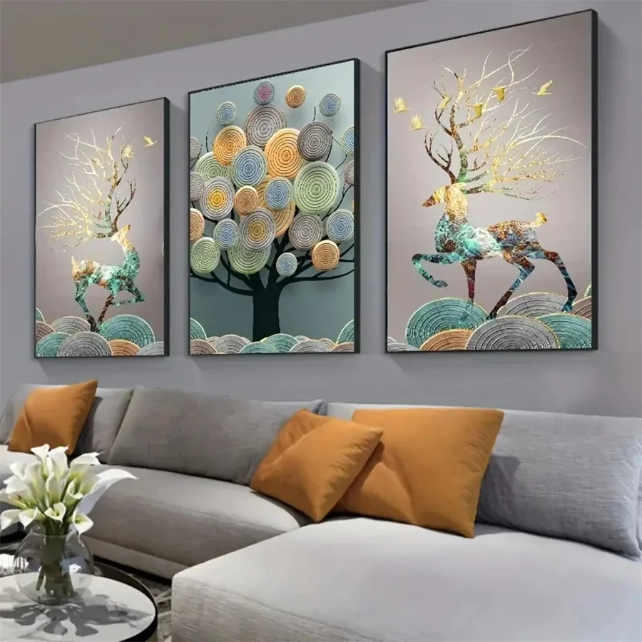 Diamond Embroidery Picture 3pcs Abstract Chinese Feng Shui Golden Rich Tree Diamond Painting Mosaic Cross Stitch Wall Art