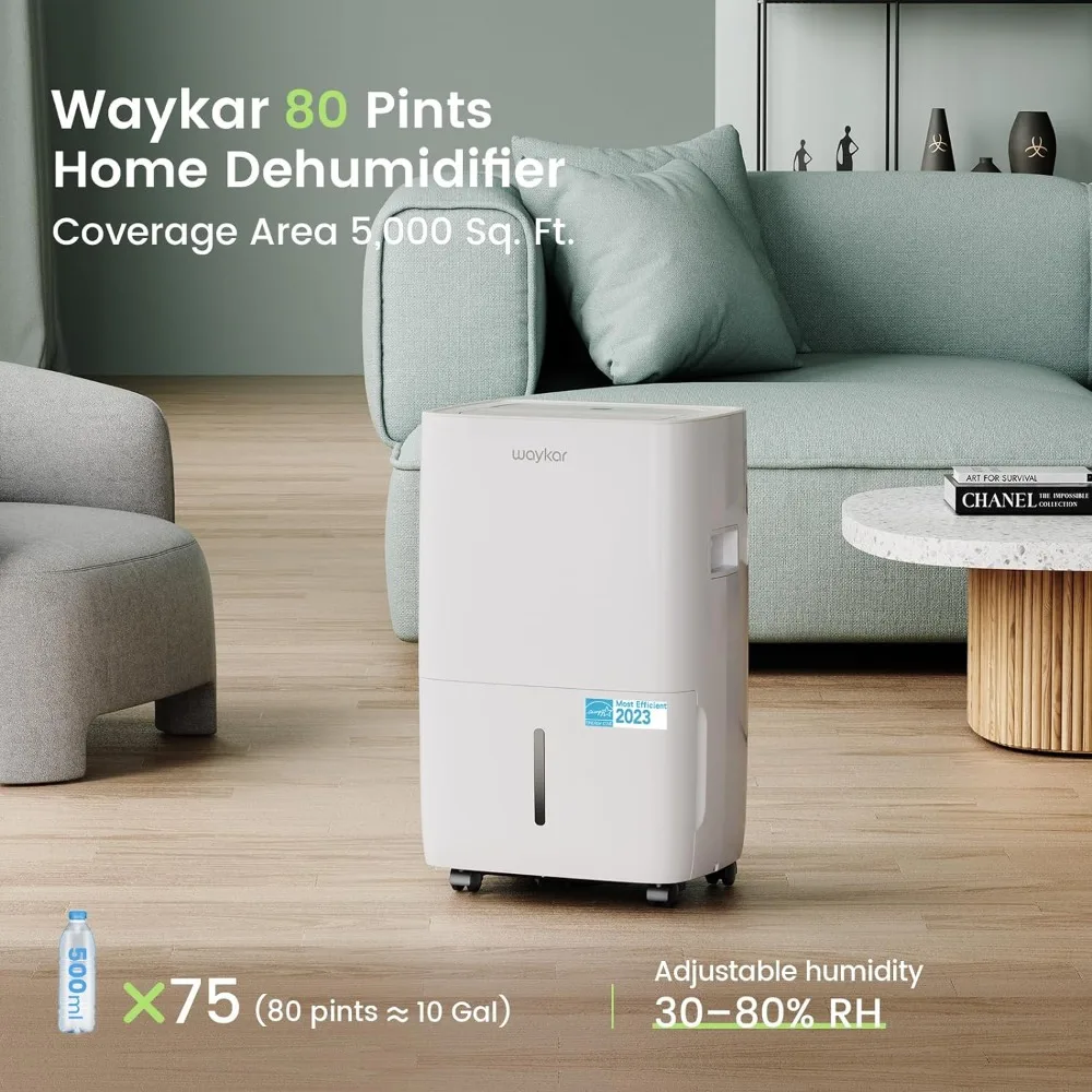 80 Pints Energy Star Dehumidifier for Spaces up to 5,000 Sq. Ft at Home in Basements and Large Rooms with Drain Hose