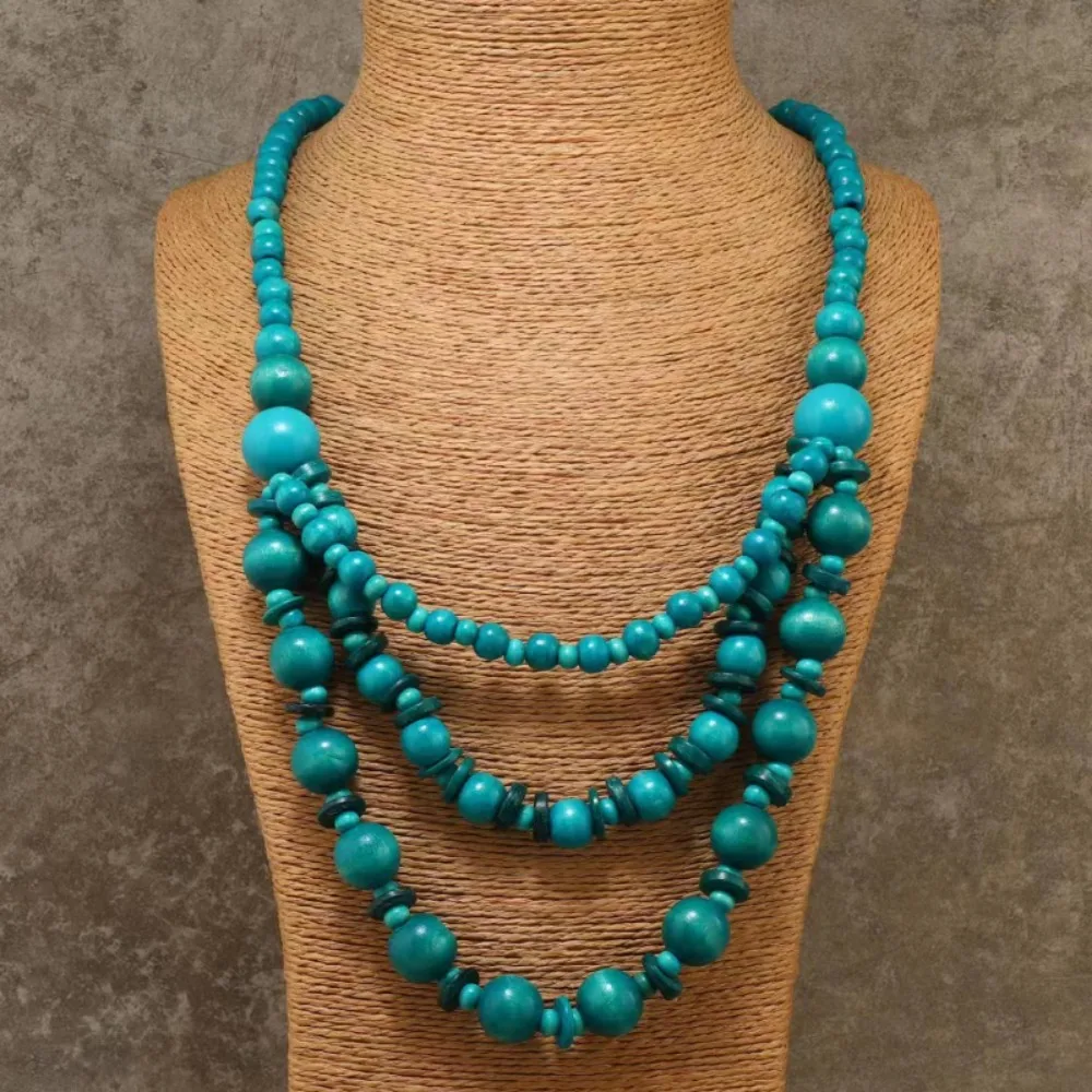 Bohemian Ethnic Style Handmade Beaded Long Necklace Retro Vacation Multilayer Wooden Beads Sweater Chain