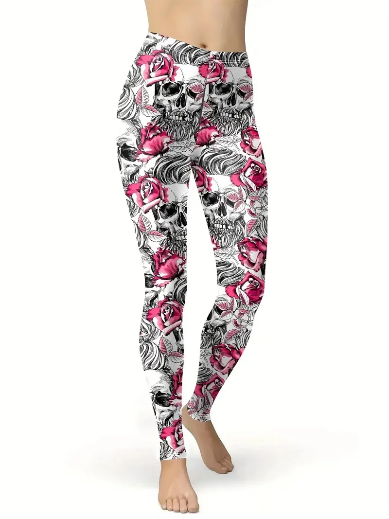 Rose Red & Skull print hip Lift tight waist comfortable stretch casual leggings for women everyday, travel, wear