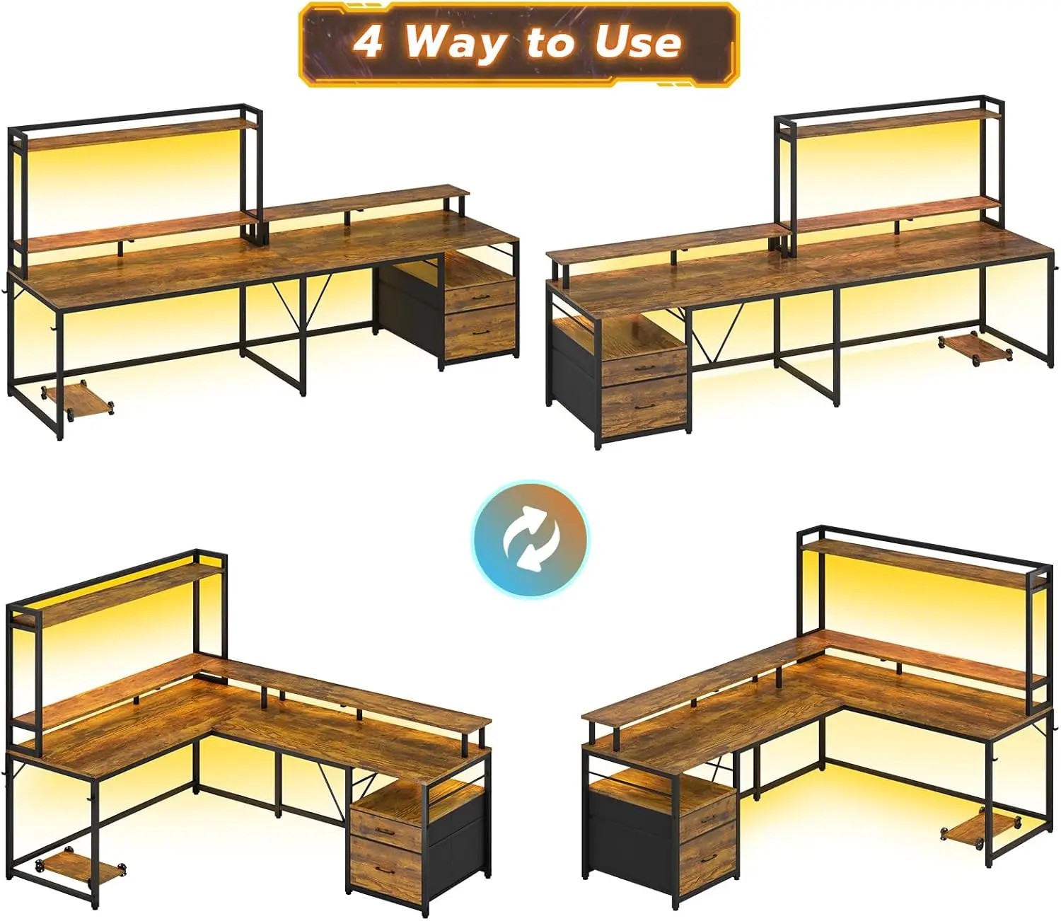 Mesa Gaming Canto reversível com Hutch e luzes Led, 2 Pessoa Desk, Rustic Brown