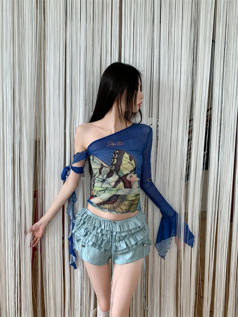 CHEERART Off The Shoulder Blue Butterfly Mesh Top Long Sleeve Tees Graphic T Shirts Flare Sleeve Designer Crop Top Fashion