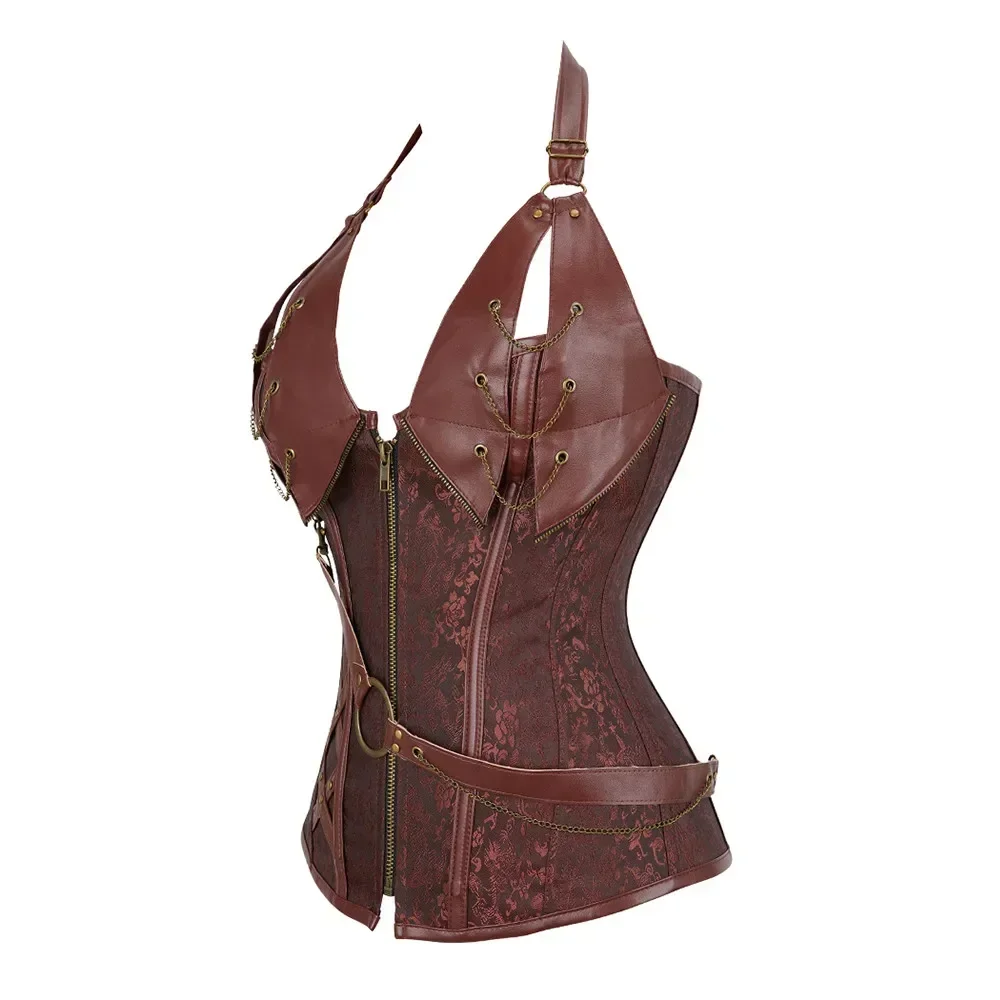 Steampunk Women Corsets And Overbust Halter Pu Leather Gothic Bustier Zip Burlesque Basque Costume