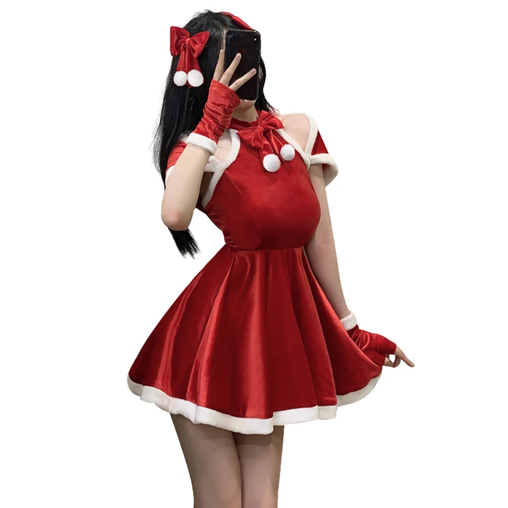 Sweet Princess Women Christmas Halter Velvet Dress with Shawl Winter Plush Cosplay Maid Outfit Anime Lolita Halloween Costume