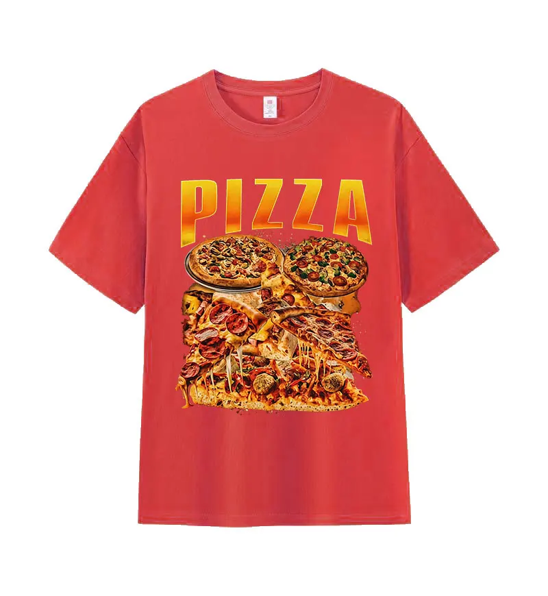Divertida pizza salchichas italianas queso carne hawaiana comida Meme camiseta gráfica mujer casual cuello alto