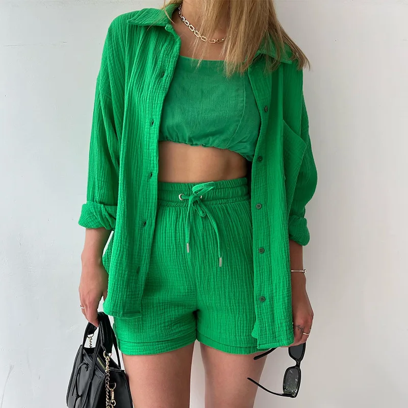 Ladies Casual Suit New Summer Pleated Lapel Fashion Button Long Sleeve Shirt High Waist Drawstring Shorts Two Piece Set