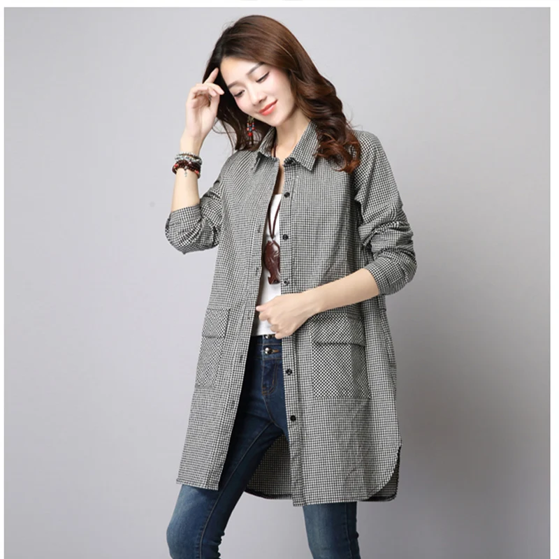 2024 Spring Autumn New Long Sleeved Checkered Casual Shirt for Women Mid Length Bottom Loose Size Cardigan Trendy Plaid Coat Top