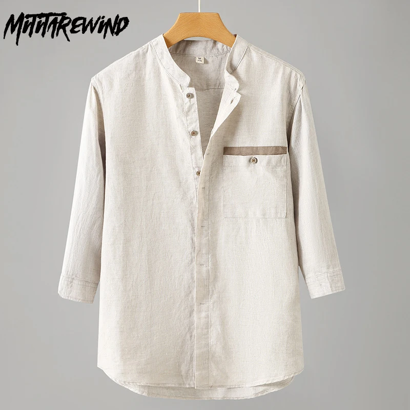 

Stand Collar Pure Linen Male Shirts Summer Causal New Beach Shirt Pocket Three Quarter Sleeve Shirt Chinese Style Men's Clothing
