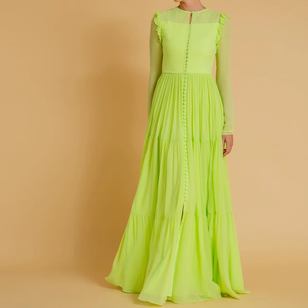 

Dubai Evening Caftan Dress Straight Green Long Sleeves Chiffon O-neck Floor Length Pleats Sweep Train Buttons Quinceanera Gowns