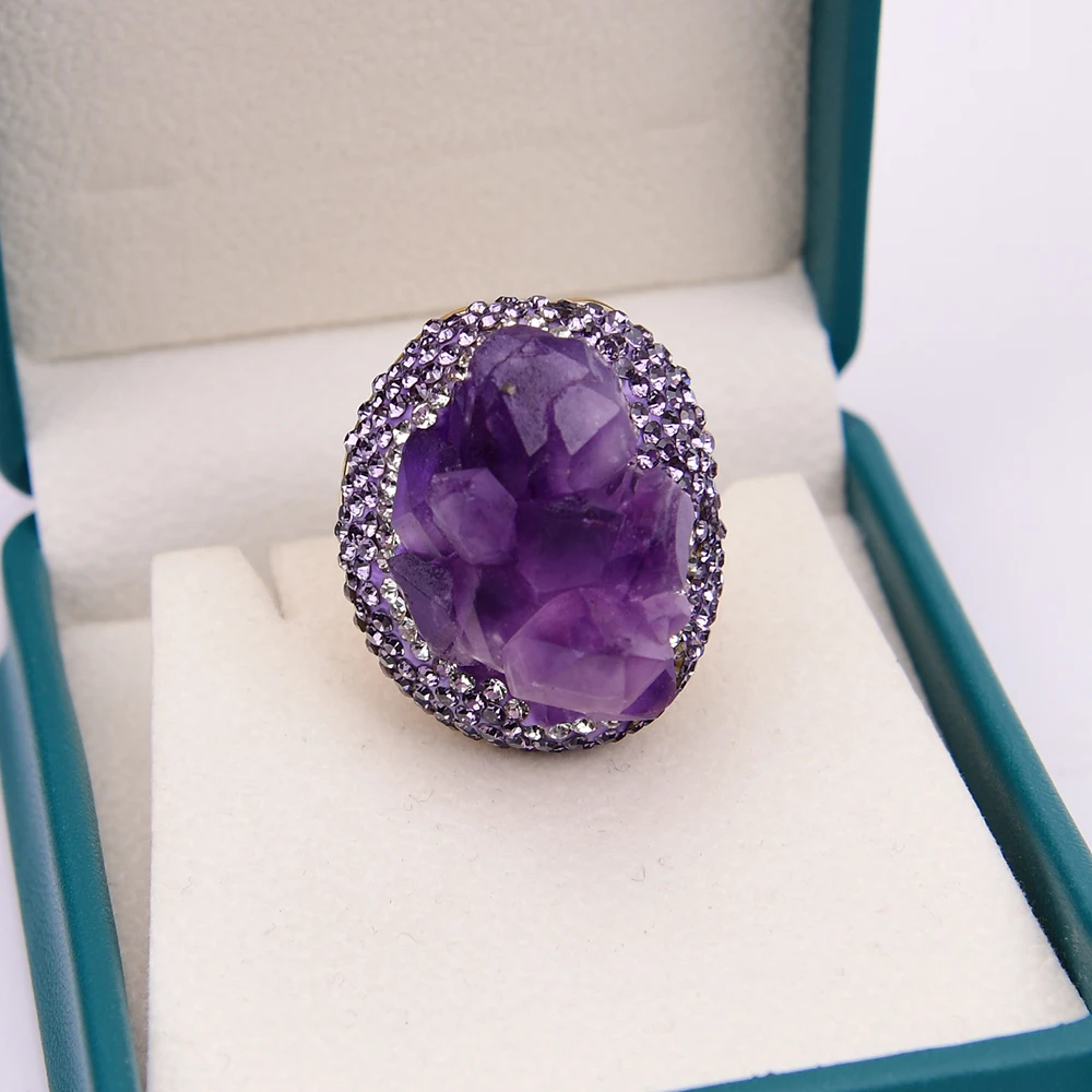 G-G Natural Amethsyt Druzy Rough Cluster Freedom Shape Trimmed With CZ Crystal Ring Adjustable Amethyst Rings