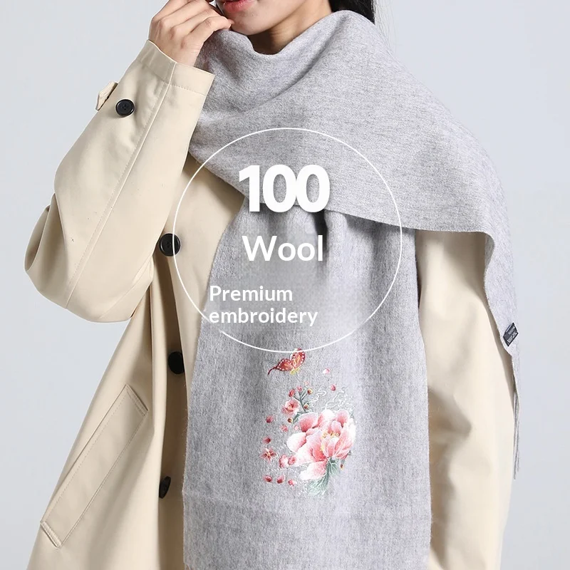 

Embroidered 100 wool scarf solid color popular shawl wholesale versatile autumn and winter scarf simple fringed red scarf