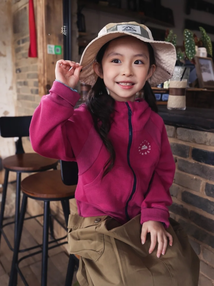 Outdoor Hoodie Jacket for Girls Spring Autumn Zipper Cardigan Camping Style Cotton Polyester Blend Standard Fit Child's Coat