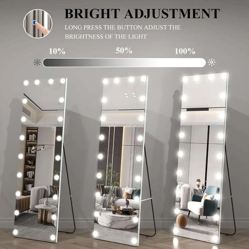 63"x20" Full Length Mirror with Lights, Wall Mounted Dressing Touch Control Mirror for Bedroom Living Room, Free Standing Mirror