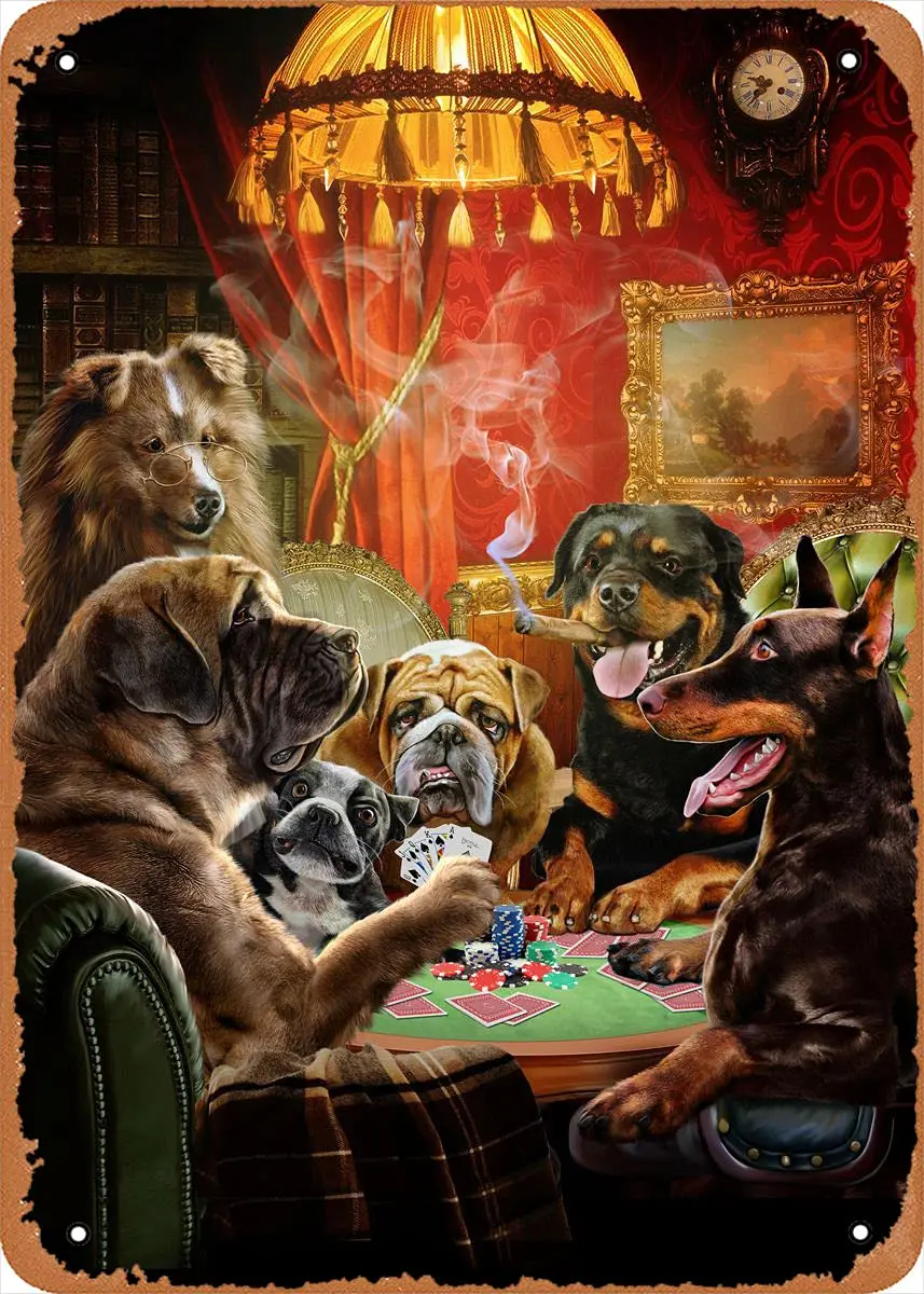 Metallschild – Hunde, Hund spielt, Pokerspiel – Blechschild im Vintage-Look, Bar, Mann, Höhlenkunst, Wanddekoration