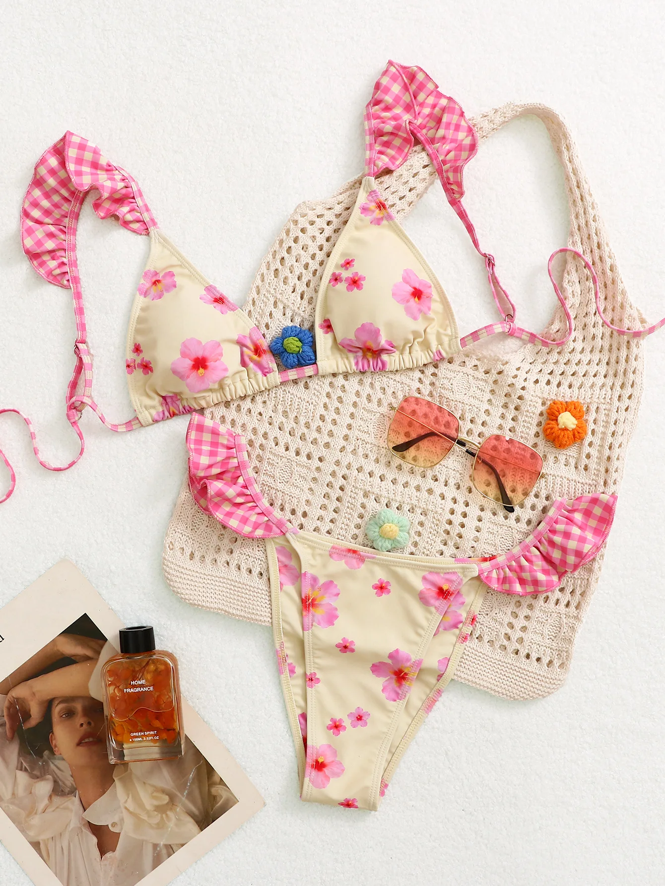 

sexy pink flower print bikinis sets two pieces thong ruffles plaid swimsuit bathing suit beach outfits swimwear biquini tankini