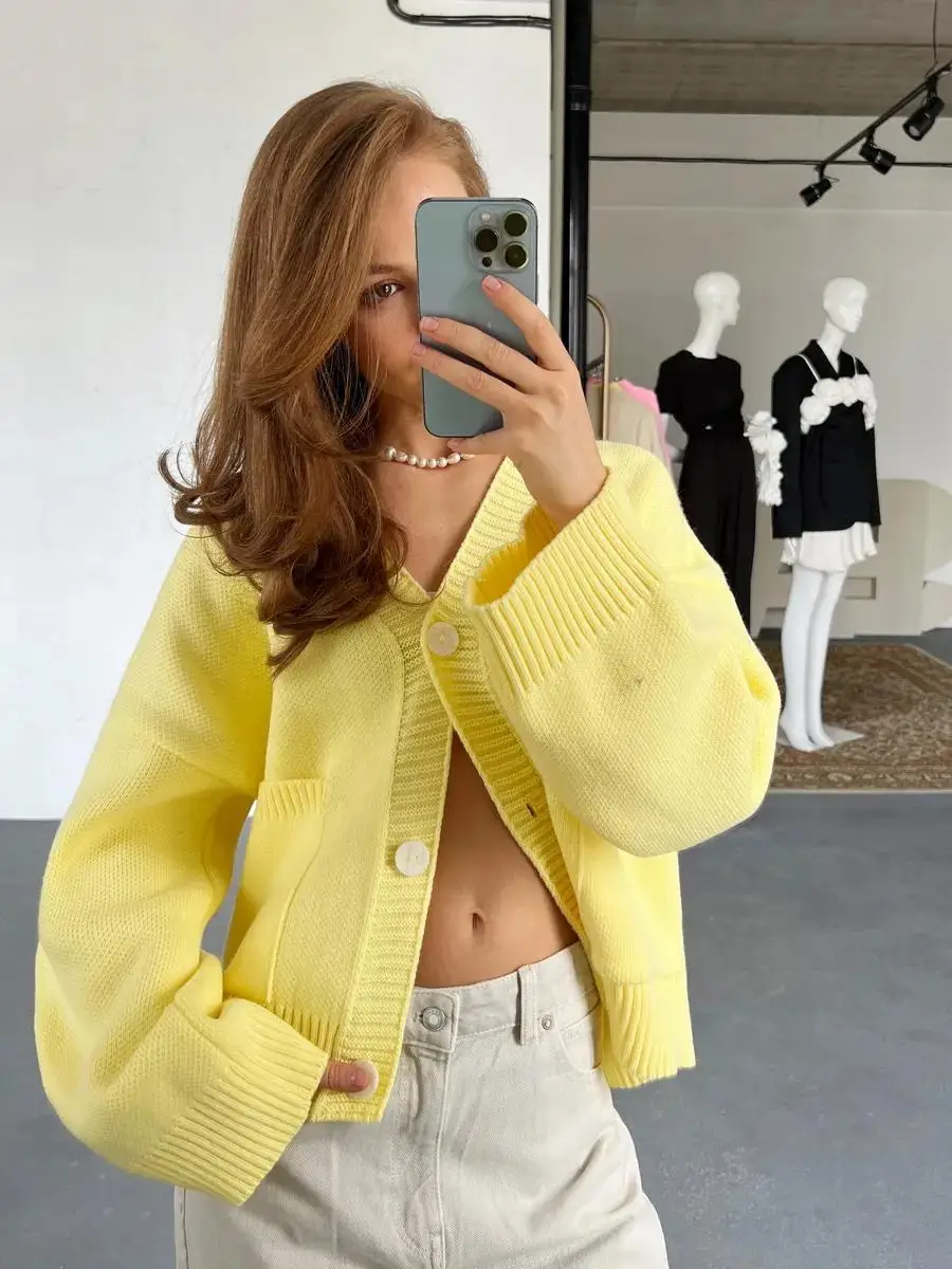 

Knitted Sweater Coat Women 2025 Autumn Winter Long Sleeve V-neck Pockets Knit Jacket Cardigan New Casual Loose Sweaters Female