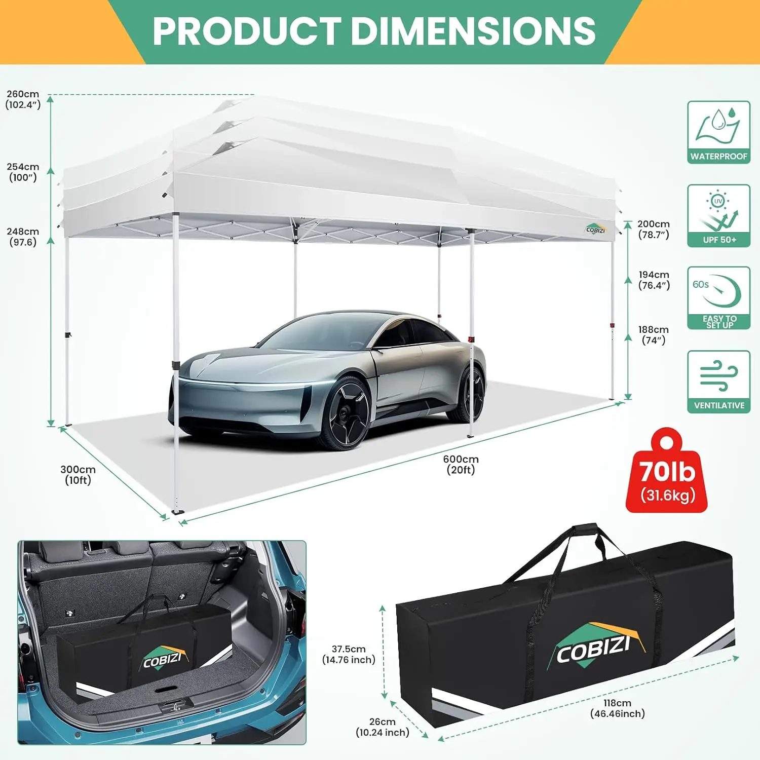 10x20 Pop Up Canopy Tent with One Push, 6 Removable Sidewalls, Customized