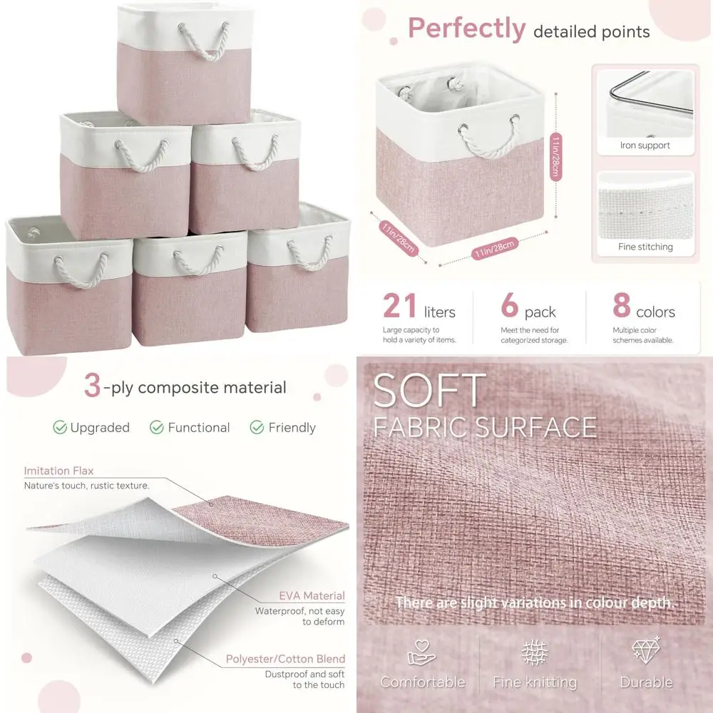 مجموعة من 6 مكعبات تخزين مقاس 11 × 11 بوصة مع مقابض قطنية لتنظيم الملابس والألعاب والمزيد باللون الأبيض والوردي