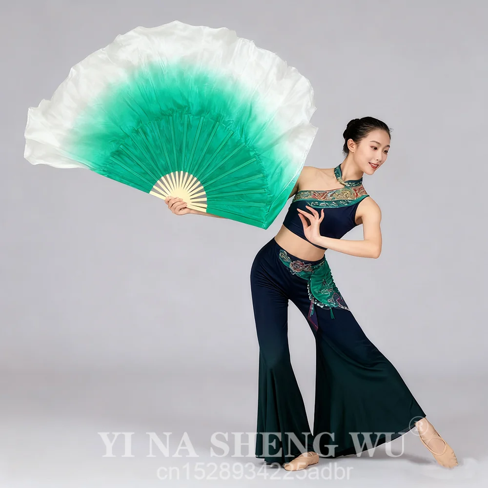 1 par de dos capas de velo doble 100% abanico plegable de bambú de seda Real accesorios de espectáculo de danza del vientre medio círculo de seda verde menta