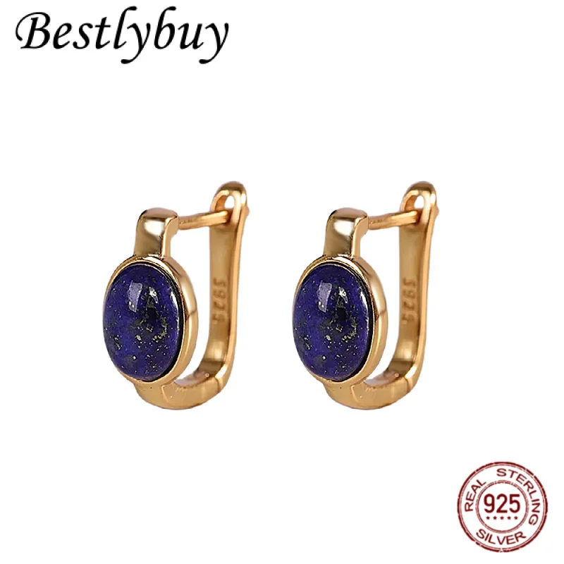 

NEW S925 Silver Plated Natural Lapis Lazuli U-shaped Earrings Women's Fashionable Original Design French Earrings