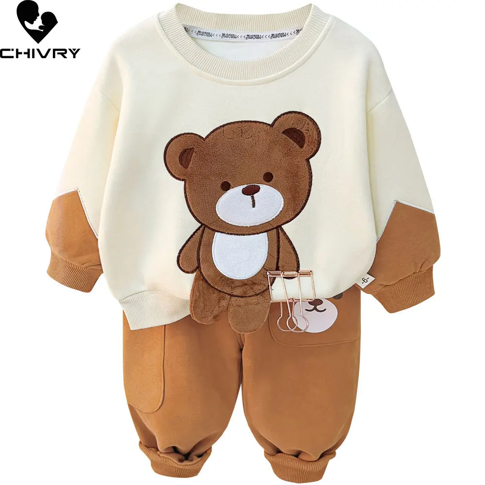 New Spring Autumn Baby Cute Cartoon Bear Long Sleeve Fashion Pullover Sweatshirt Tops with Pants Kids Boys Casual Clothing Sets