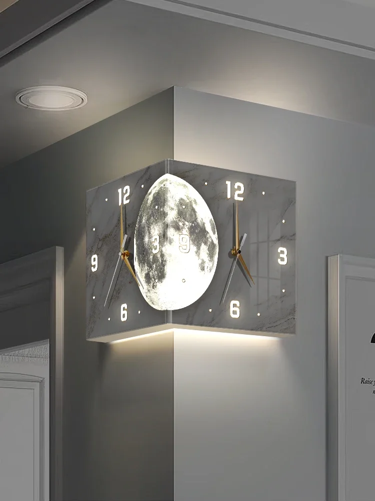 living room corner double-sided luminous creative clock wall lamp moon sun angle wall clock no punch corner clock