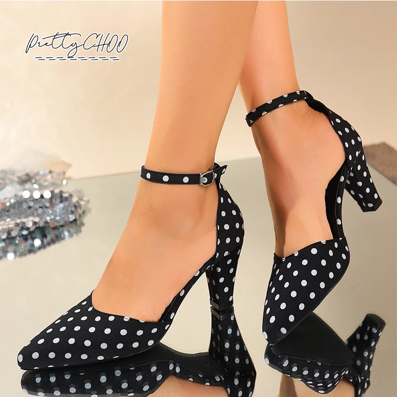 

Vintage Polk Dot Ankle Strap Pump Sandals Woman Retro Pointed Toe Spike Heel Dress Shoes Ladies Elegant Party Leopard Shoes