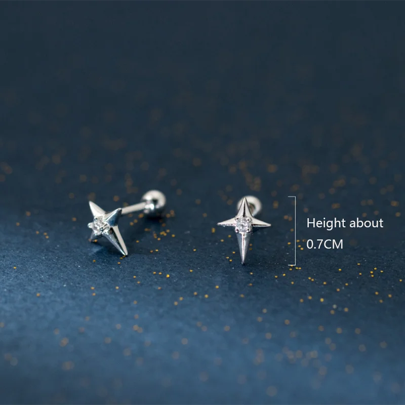 WANTME 925 Sterling Silver Fashion Shine Star Luxury Zircon Screw Bead Stud Earrings for Women Simple Ear Bone Piercing Jewelry