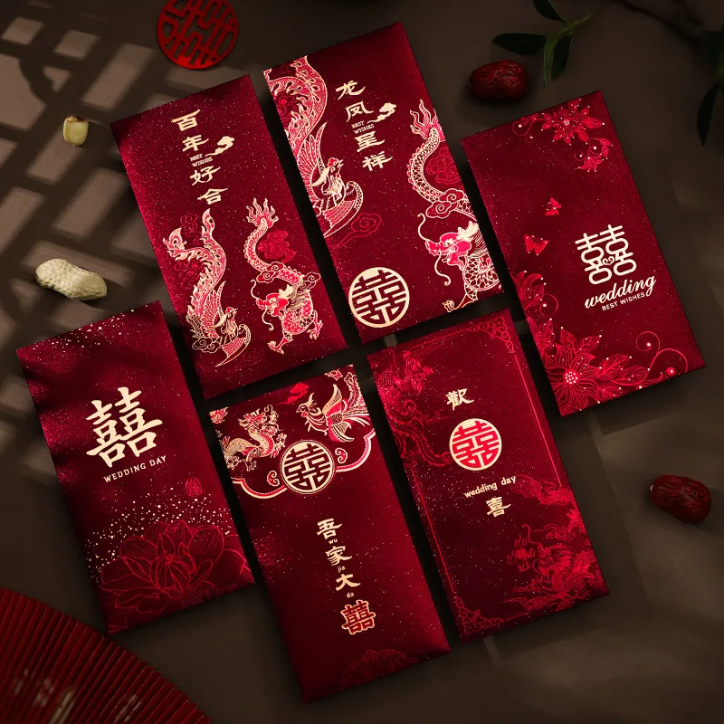 

6pcs Wedding Red Envelopes Marriage Gift Bag Double Happiness Lucky Pocket Chinese Traditional Hongbao Wedding Decoration