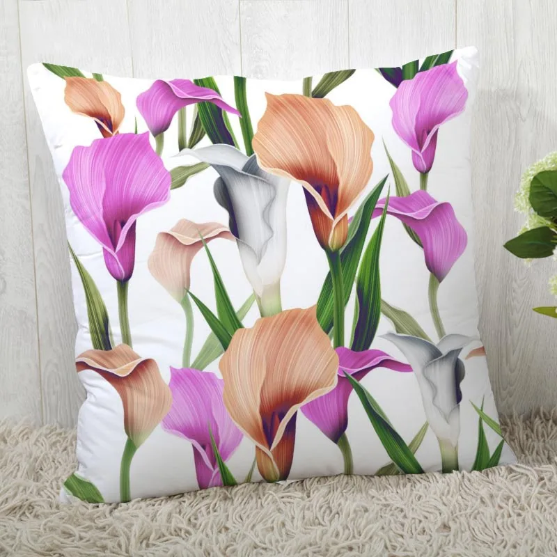 New Calla Lily Pillow Cover Bedroom Home Office Decorative Flowers Pillowcase Square Zipper Pillow Cases Satin Soft No Fade