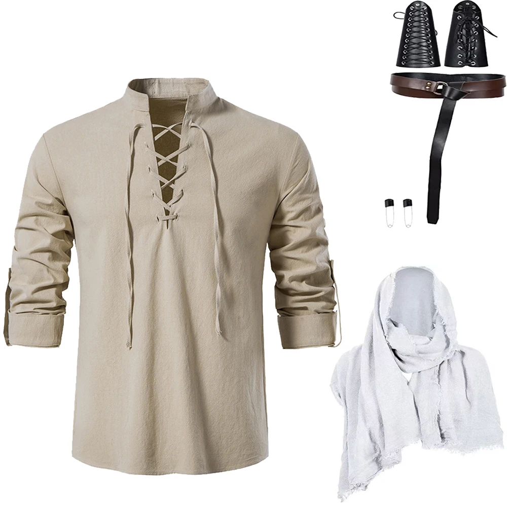 Conjunto de disfraz renacentista para hombre, camisa pirata Medieval, chal Vikingo, accesorios de Halloween, Cosplay, 5 piezas