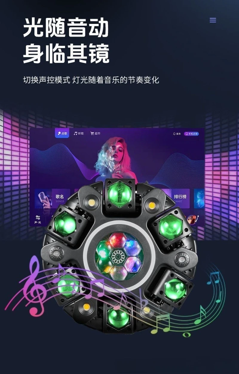 

2026 New 6-Arm King Kong Pattern Stage Light RGB Colorful Rotating Disco Moving Head Light for KTV Bar