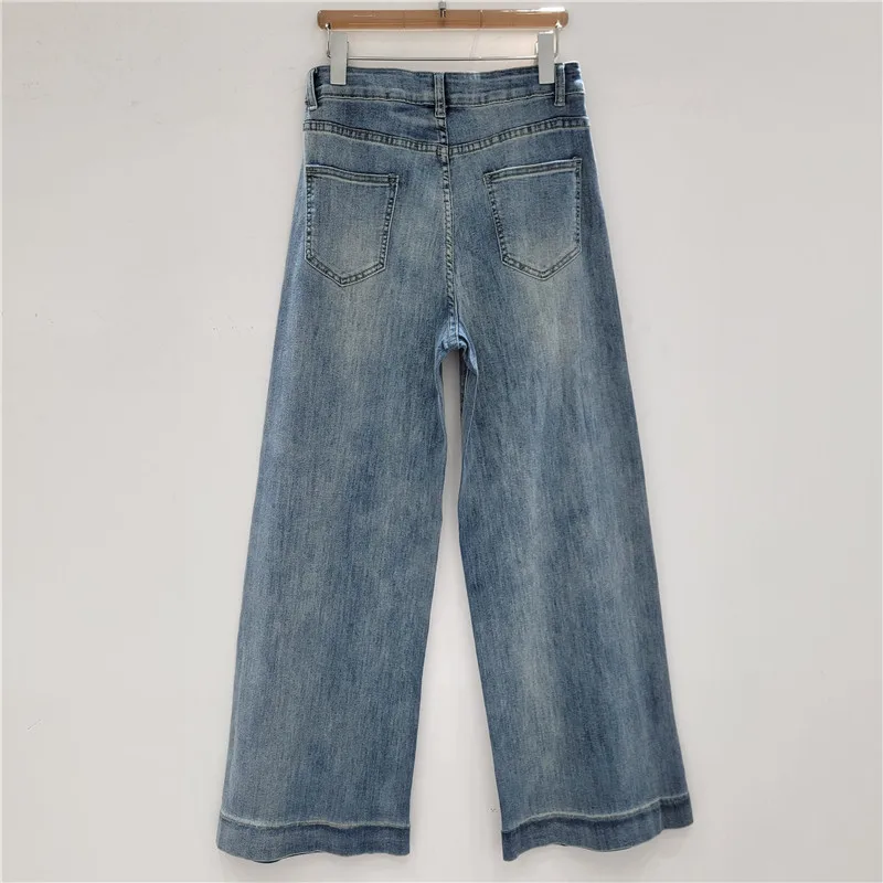 2025 خريف جديد الثقيلة حجر الراين مستقيم واسعة الساق تمتد الجينز الأزرق الإناث فضفاضة عادية الدينيم السراويل النساء قيعان الموضة