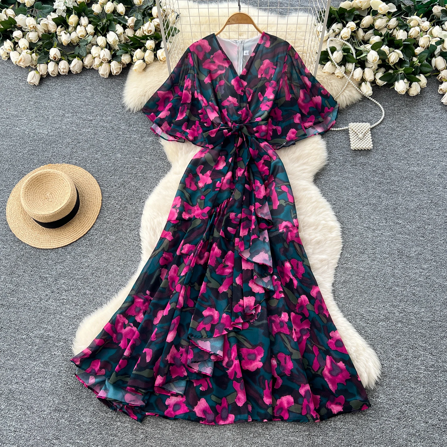 Elegancka sukienka w stylu vintage z dekoltem w serek, asymetryczna, dopasowana, w stylu koreańskim, boho, długa sukienka letnia dla kobiet.