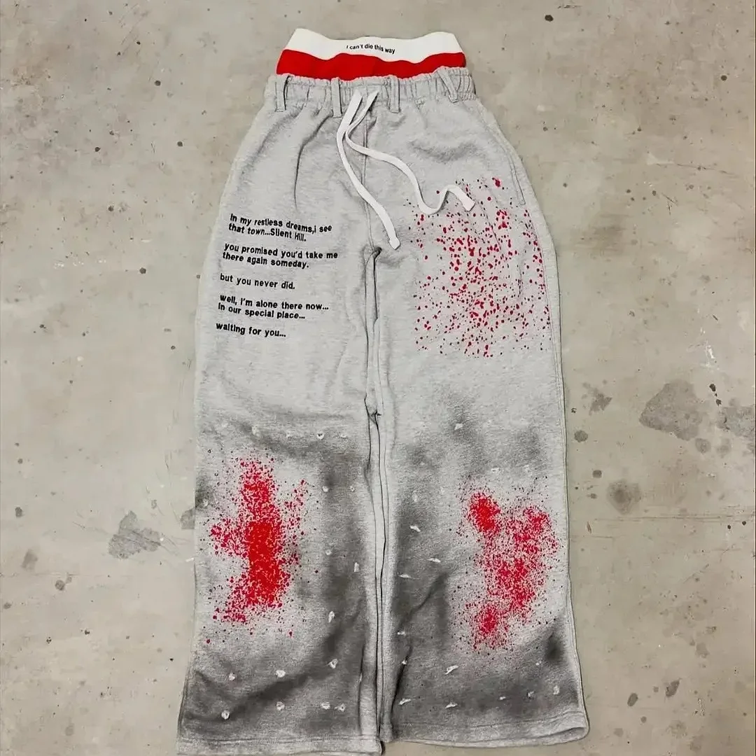 Men's Faux Two-Piece Wide Leg Pants with Print & Embroidery, Pure Cotton Baggy Casual Pants, Street Wear Sweatpants for Men