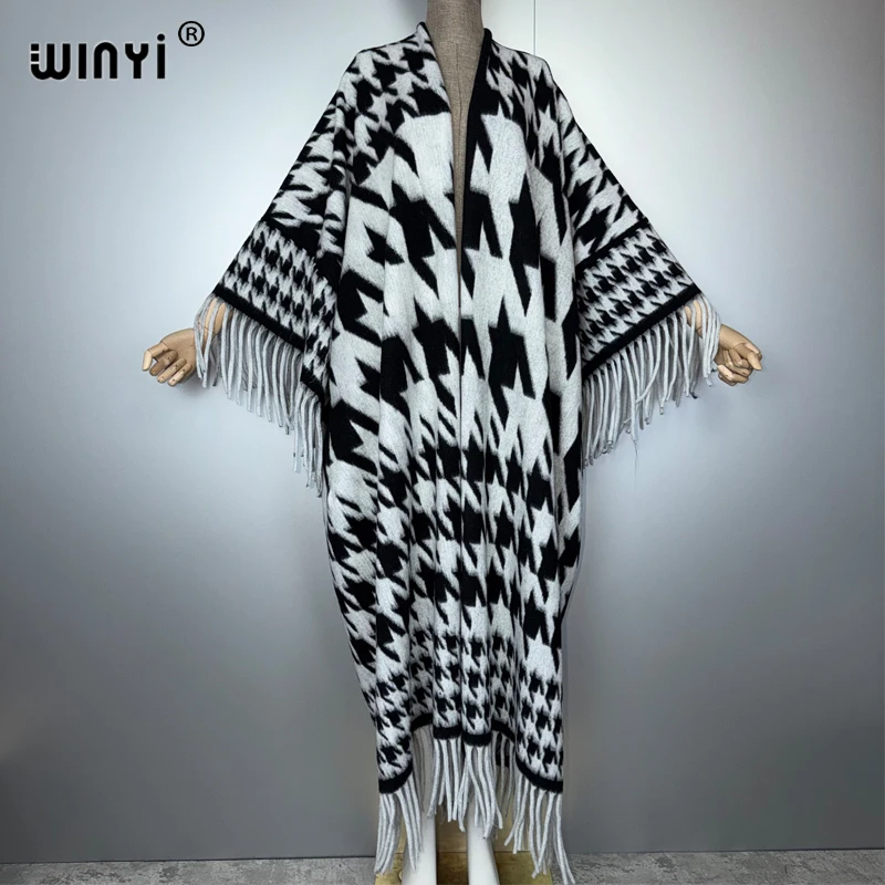

WINYI retro print winter Fringed cardigan abaya dubai luxury Coat OverCoat Thick Warm Female winter outerwears long down dress