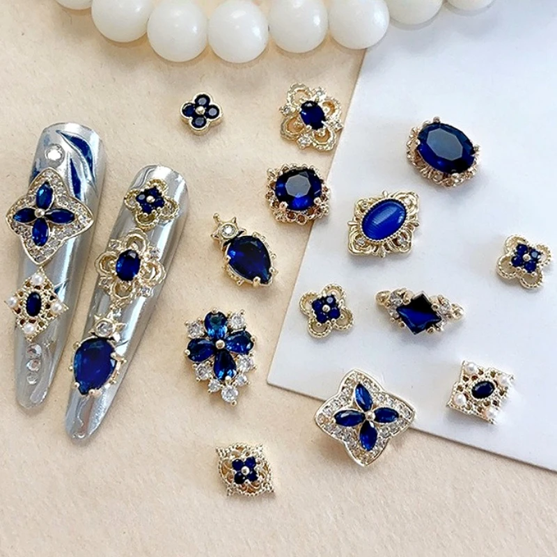 

Retro Blue Zircon Royal Palace Gemstone Ancient Chinese Crystal Flower Pearl Jade Nail Art Decorations Accessories Manicure Tool