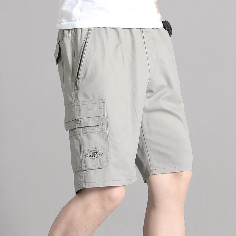 Solid Color Pockets Zipper Button Embroidery Letter Men's Summer Clothing Straight Knee Pants High Waisted All-match Shorts