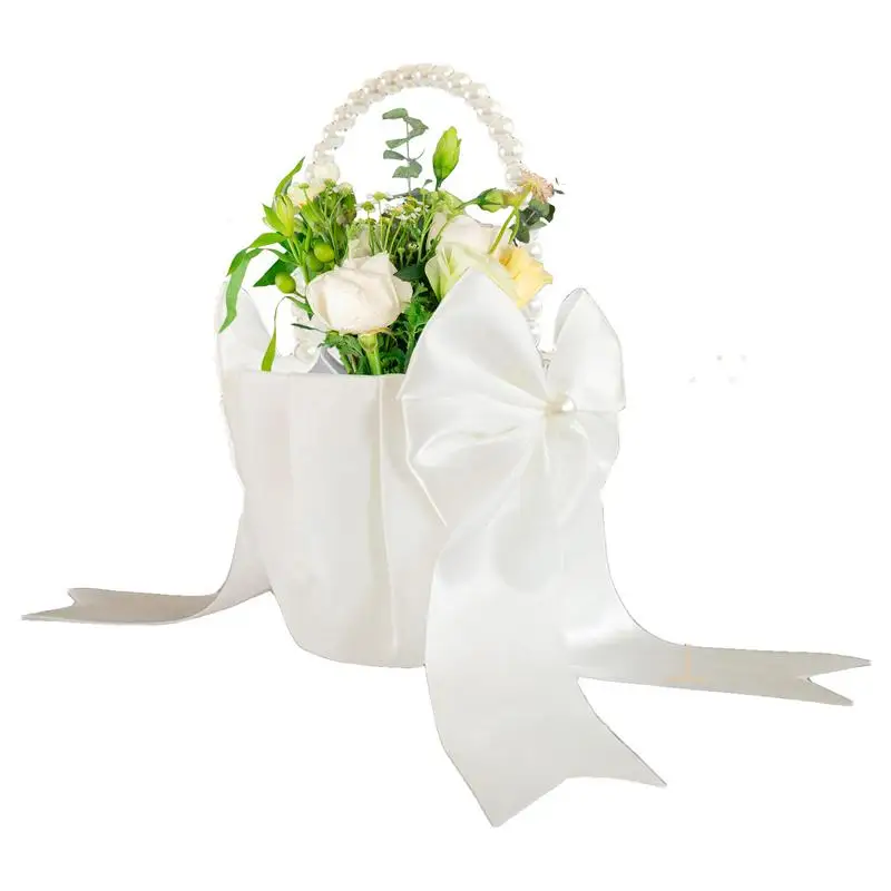 

White Wedding Baskets For Favors Bowknot White Baskets For Wedding Foldable Rustic Western Wedding Activity Satin Flower Basket