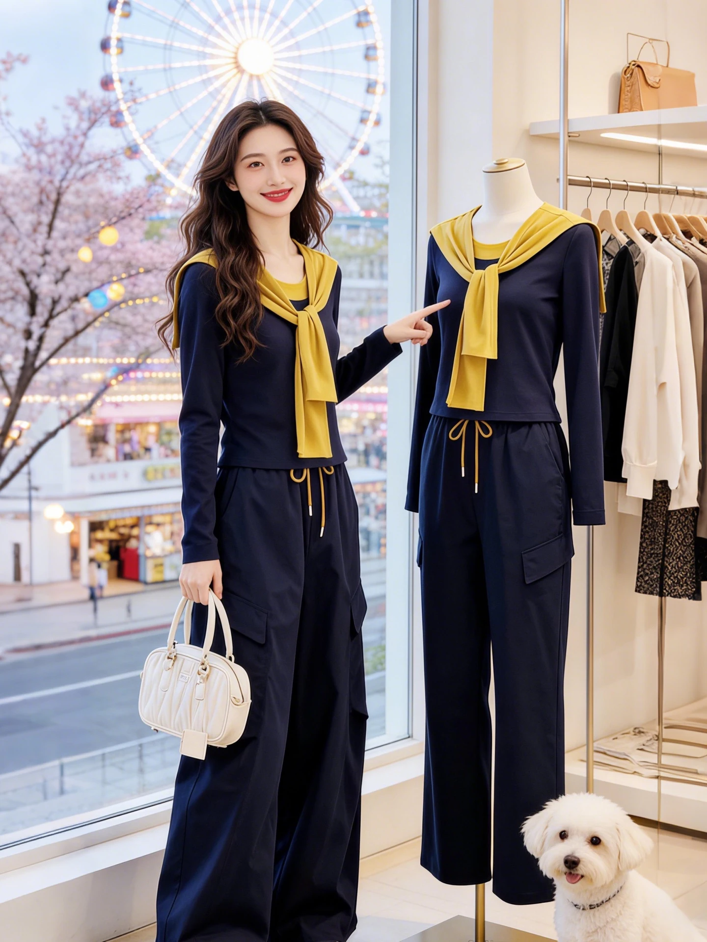 

Spring Autumn New Style 2026 Color Block Wrap Shoulder Long Sleeve Top Wide Leg Pants Two Piece Set Women Commute Fashion