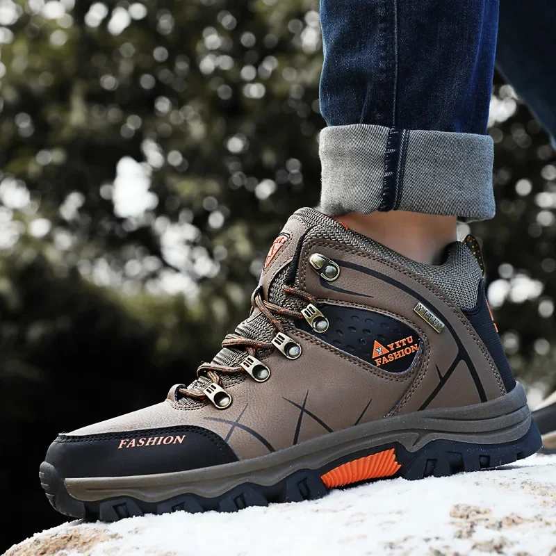 Large Size 47 Waterproof Men's Winter Sneakers Warm Plush Hiking Shoes Men High-top Outdoor Shoes Men Zapatillas Trekking Hombre