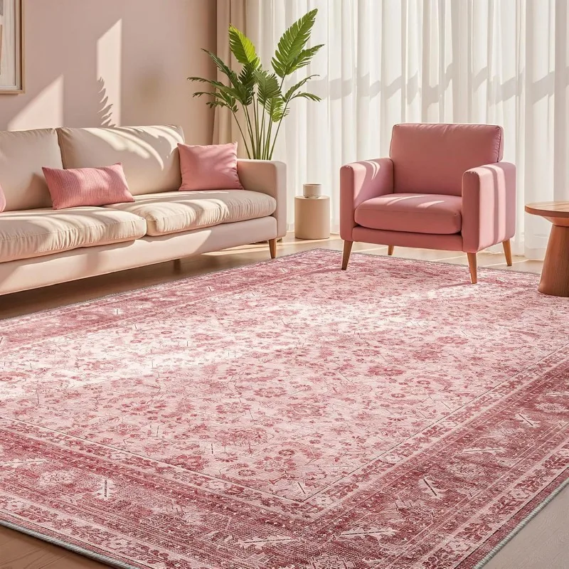 VIKAMA Rosa Retro Perserteppich Rutschfester Wohnzimmer-Sofa-Couchtisch-Teppich Schlafzimmer Dekorative Bodenmatte